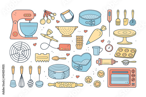 A set of tools for making cakes, cookies and pastries. Doodle confectionery tools - planetary stationary dough mixer, baking pans and pastry bag. Hand drawn vector illustration on white background.