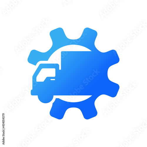 Logotipo camión de reparto con engranaje en color azul