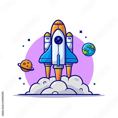 Space Shuttle Taking Off with Planet and Earth Space Cartoon Vector Icon Illustration. Science Technology Icon Concept Isolated Premium Vector. Flat Cartoon Style