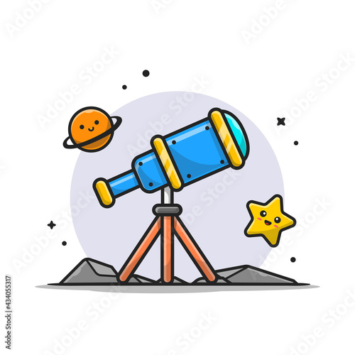 Telescope Astronomy Viewing Cute Planet and Cute Star Cartoon Vector Icon Illustration. Science Technology Icon Concept Isolated Premium Vector. Flat Cartoon Style