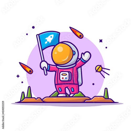 Cute Astronaut Holding Flag On Planet Cartoon Vector Icon Illustration. Science Technology Icon Concept Isolated Premium Vector. Flat Cartoon Style