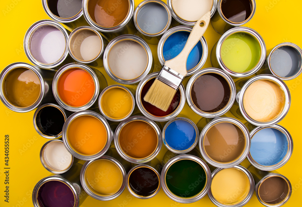 Open paint cans with a brush, Rainbow colors Open paint cans with a brush, Rainbow colors