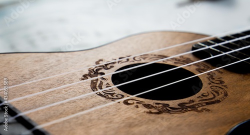 
Wooden ukulele on a light background close up