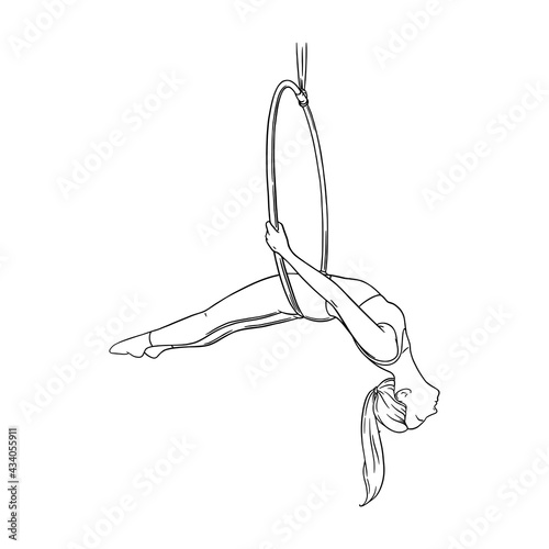 Circus acrobat balancing in the aerial ring. Gymnast in the hoop isolated in white background. Sketch vector illustration