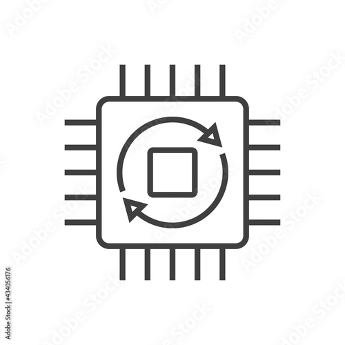 Tecnología electrónica. Procesador con circuito digital con flechas girando con lineas de color gris