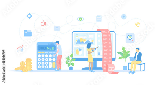 Calculation, bookkeeping, economic audit, financial analysis, tax accounting, bill payment. People work with documents, invoice, bill. Vector illustration flat style.