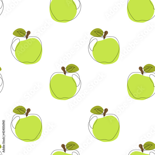 Seamless pattern with apple on white background. Continuous one line drawing apple. Black line art on white background with colorful spots. Vegan concept