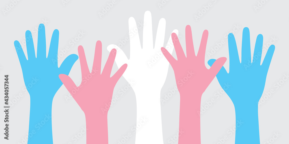 Silhouette of blue, pink and white colored hands as the colors of the transgender flag. Flat vector illustration. - obrazy, fototapety, plakaty 