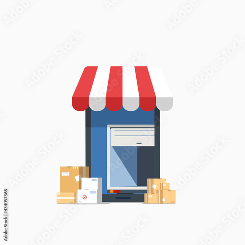 Online Shopping on Mobile Application Vector Concept. with cardboard box, and empty delivery van inside mobile phone. Digital marketing illustration