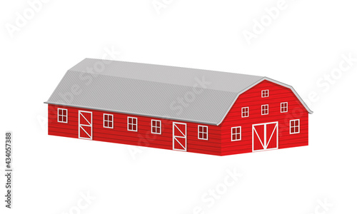 Wooden red barn with steel roof isometric projection. Farm warehouse building isolated on white background. Vector cartoon illustration.