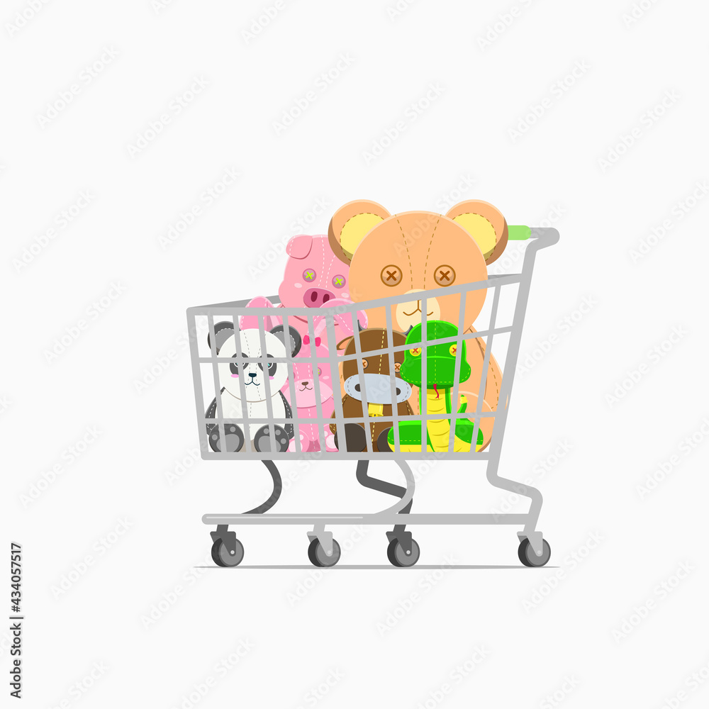 Shopping cart trolley full of animal dolls isolated on a white background Shopping cart trolley full of animal dolls isolated on a white background