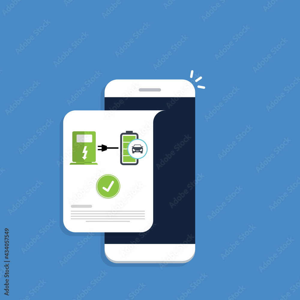 Electric car charging application on a mobile phone, vector illustration. Electric car charging application on a mobile phone, vector illustration.