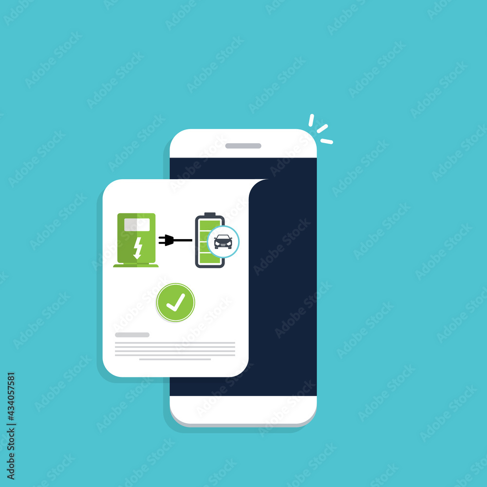 Electric car charging application on a mobile phone, vector illustration. Electric car charging application on a mobile phone, vector illustration.