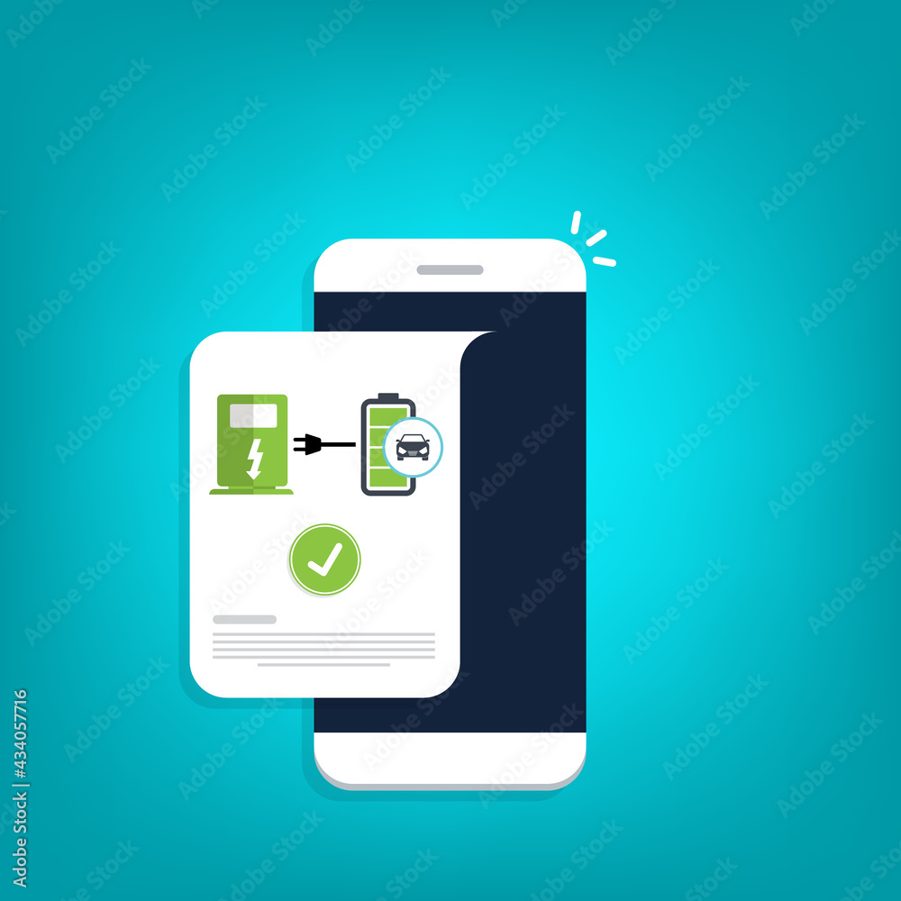 Electric car charging application on a mobile phone, vector illustration. Electric car charging application on a mobile phone, vector illustration.