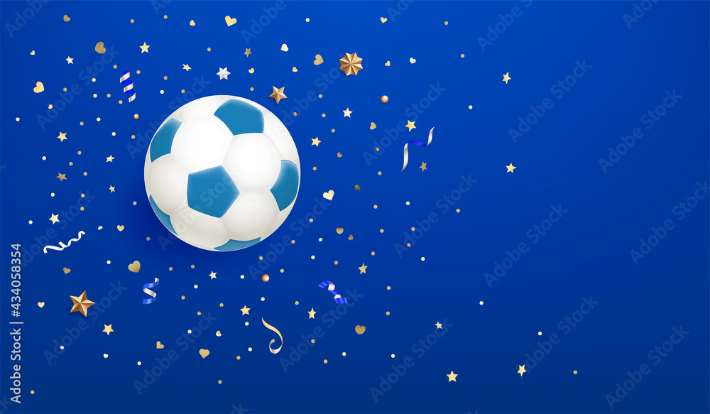 Fototapeta premium Soccer ball on blue background with confetti. Horizontal composition
