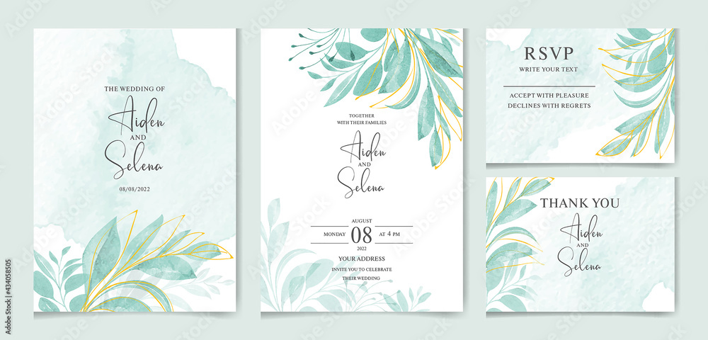 set of watercolor wedding invitation card templates. With beautiful green leaves botanic illustration for card composition design.