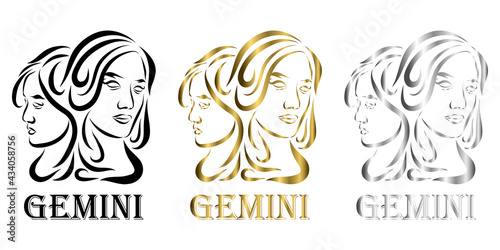 line vector logo of twin women It is sign of gemini zodiac there art three color black gold silver