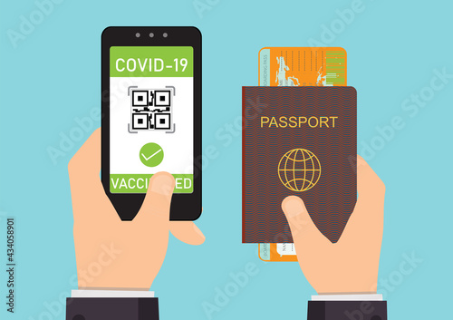 Vaccinated person using digital health passport app in mobile phone for travel during covid-19 pandemic.