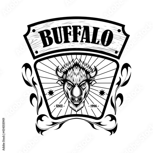 American bison buffalo logo in classic elegance engraving style. Vector emblem for your corporate identity, vintage illustration, sport poster, logo, brand and etc.