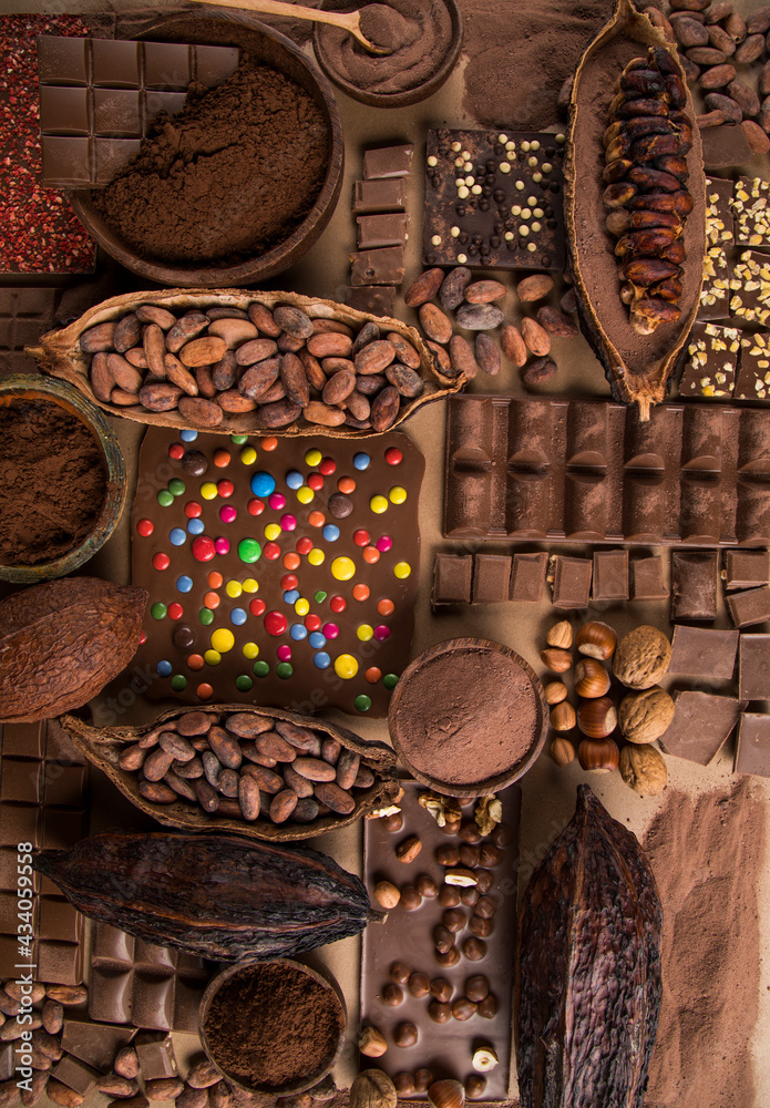 Cocoa pod and chocolate bar and food dessert background Cocoa pod and chocolate bar and food dessert background