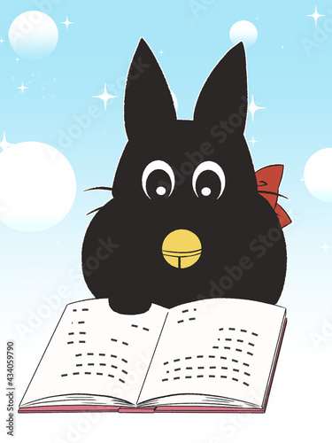 黒ねこ　読書　キラキラの水色の背景