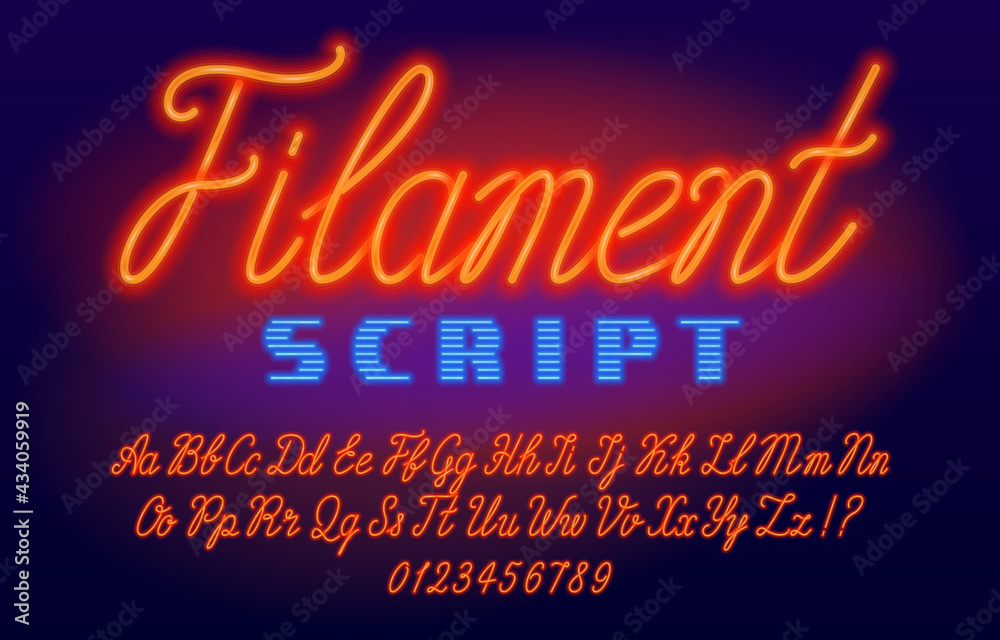 Filament script font. Neon color letters and numbers. Uppercase and lowercase. Stock vector typescript for your design.