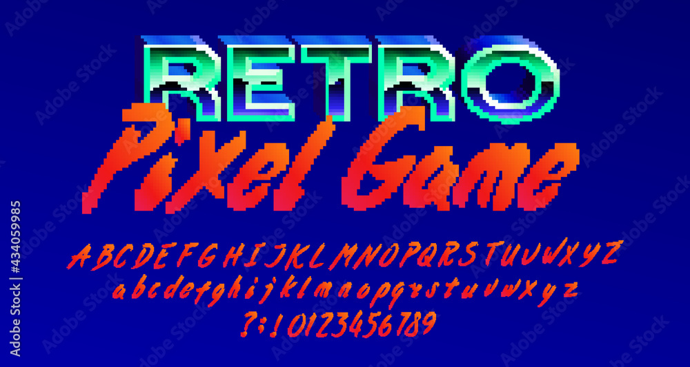 Retro Pixel Game alphabet font. Pixel script letters, numbers and punctuations. 80s arcade video game typescript.