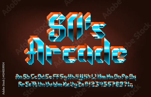 80s Arcade alphabet font. 3D pixel letters, numbers and punctuations in hard rock style. 80s arcade video game typescript.