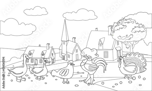 Farm animals coloring book educational illustration for children. Set cute cow, buffolo, sheep, duck, rooster, horse, rural landscape colouring page. Vector black white outline cartoon characters