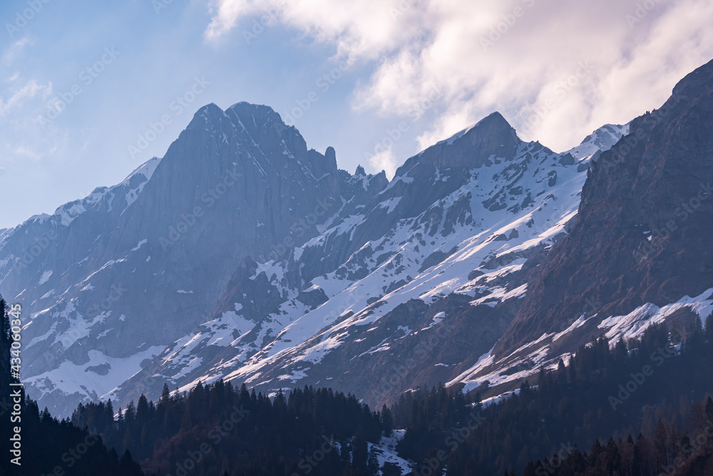 Obraz premium Mountains view of the Swiss alps from the fields in the valley