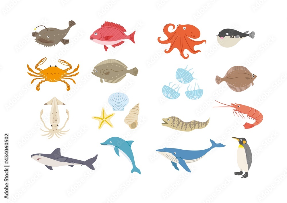 海の生き物のイラストセット Stock Vector Adobe Stock