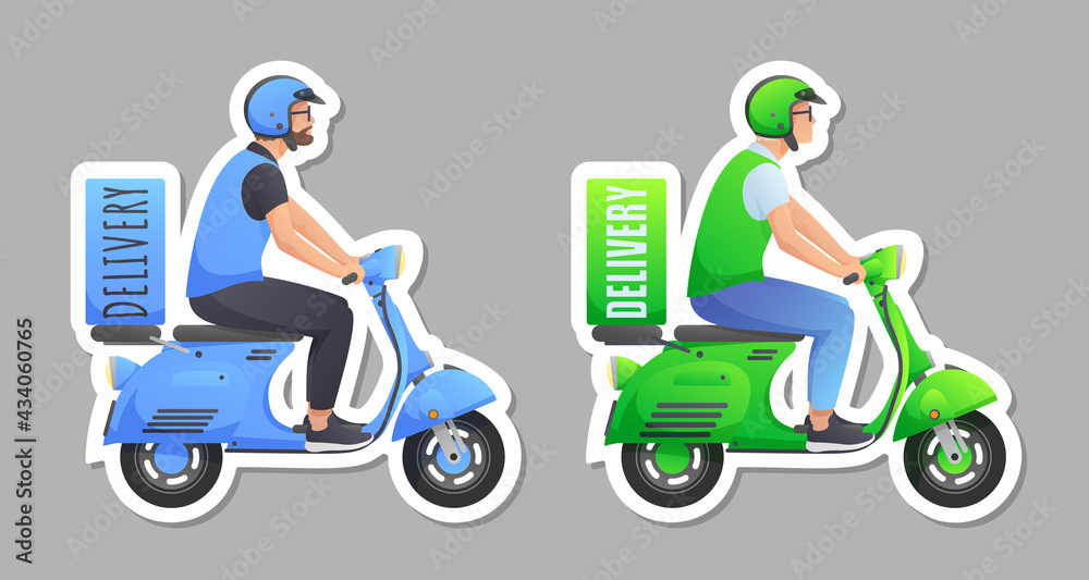 Green, blue retro scooter with courier and delivery box sticker set, delivery motorbike collection with white border on gray background. Green, blue retro scooter with courier and delivery box sticker set, delivery motorbike collection with white border on gray background.
