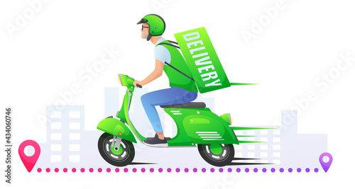 Green fast delivery retro scooter motorbike, moped with courier with red and purple pin and buildings on white background. Vector illustration for design, flyer, poster, banner, web, advertising.