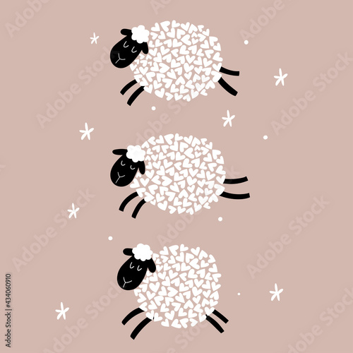 Cute cartoon sheeps. Sheep in shape of hearts. Vector children's illustration isolated on a beige background. Character for kids and babies fashion. Vector children's illustration. Funny zoo.