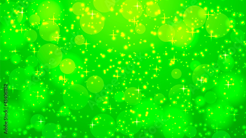 Beautiful festive background in green tones with lens flares, fireflies and stars. Vector design for decoration of holiday cards, backgrounds, banners, stickers, etc. The background size is 2560 by 14