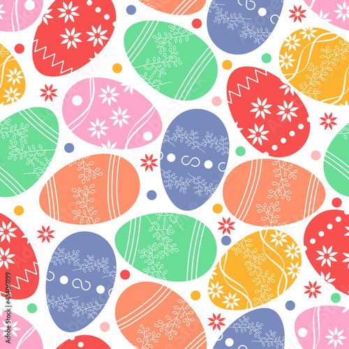 Seamless Easter pattern. Background with colorful Easter eggs. Vector illustration for the design of backgrounds, napkins, wrapping paper, fabrics, stickers, banners, postcards, envelopes. Easter.