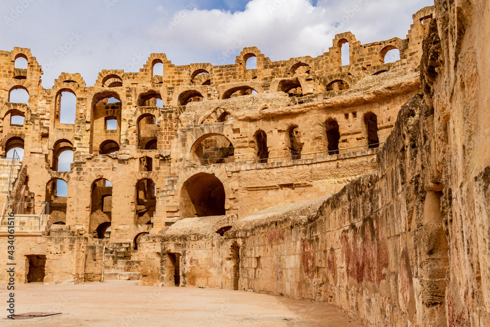 Ruins of the largest coliseum in North Africa. Demolished ancient walls  Roman amphitheatre at El Djem, Tunisia, Nord Africa

