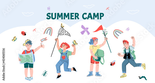 Childrens summer camp banner or poster template with cute boys and girls, cartoon vector illustration. Banner background for kids summer camping activity, forest adventure or hiking trip.