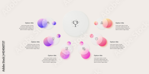 Business process chart infographics with 6 step circles. Circular corporate workflow graphic elements. Company flowchart presentation slide. Vector info graphic in glassmorphism design.