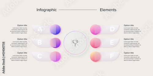 Business process chart infographics with 6 step circles. Circular corporate workflow graphic elements. Company flowchart presentation slide. Vector info graphic in glassmorphism design.