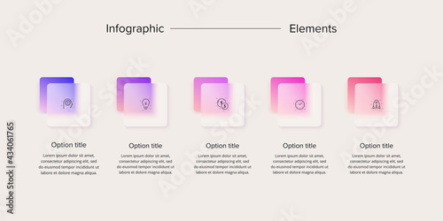 Business process chart infographics with 5 step squares. Rectangular corporate workflow graphic elements. Company flowchart presentation slide. Vector info graphic in glassmorphism design.