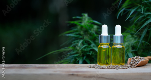 Cannabis seeds and CBD oil cannabis extract, green hemp leaf background, Medical cannabis concept.