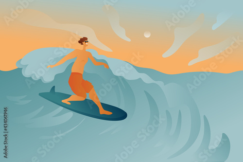A guy with a surfboard on a big wave, a man is a professional surfer. A guy swims on a board against the background of an abstract sky and waves, the concept of sports in the sea, a healthy lifestyle.