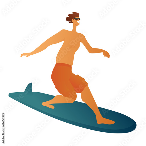 A guy with a surfboard on a white background, a man is a professional surfer. The guy swims on the board, the concept of water sports, a healthy lifestyle.