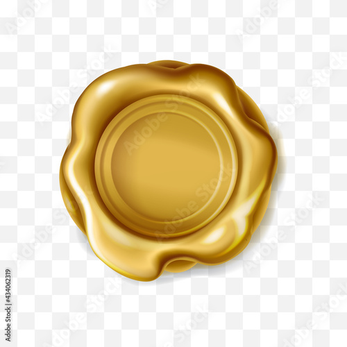 Realistic golden wax stamp isolated on transparent background. Gold royal seal for letter label, 3d elite postal mark or quality guaranteed badge. Award medal symbol, vector design element.