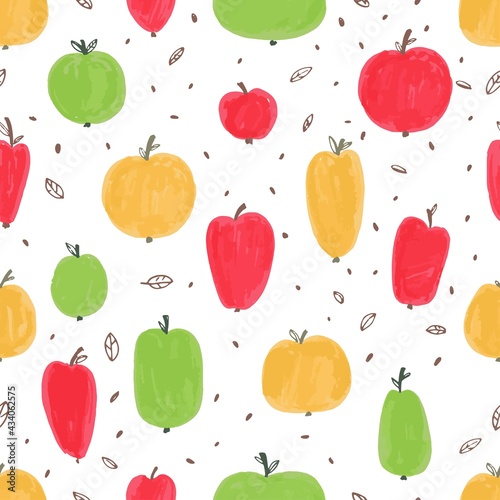 Fototapeta Naklejka Na Ścianę i Meble -  Seamless pattern with different colored apples. Sketch. Hand-drawn graphics. Line art. Cartoon objects. Red, green, yellow, orange. Vector illustration