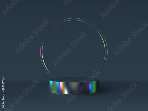 Vector 3d podium scene in iridescent color. Mockup for product presentation with copy space. Winner pedestal in studio, minimal dark background.