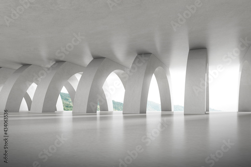3d render of empty concrete room with large window and column structure on nature background.
