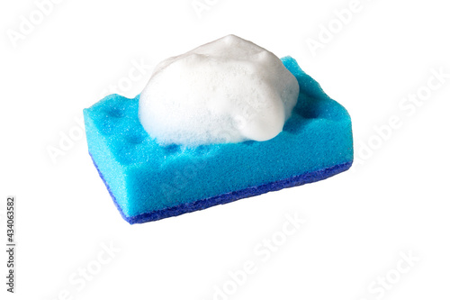 Blue household kitchen dishwashing cleaning sponge with foam isolated on white background