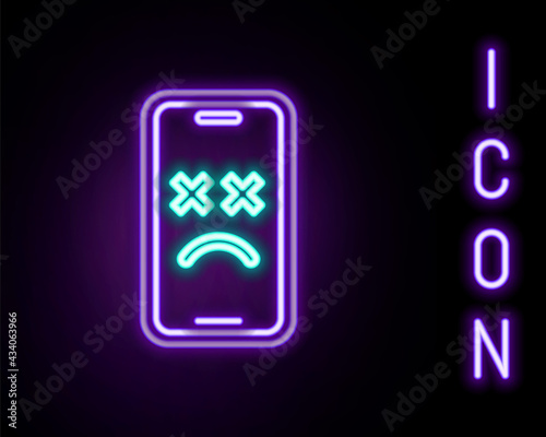 Glowing neon line Dead mobile icon isolated on black background. Deceased digital device emoji symbol. Corpse smartphone showing facial emotion. Colorful outline concept. Vector